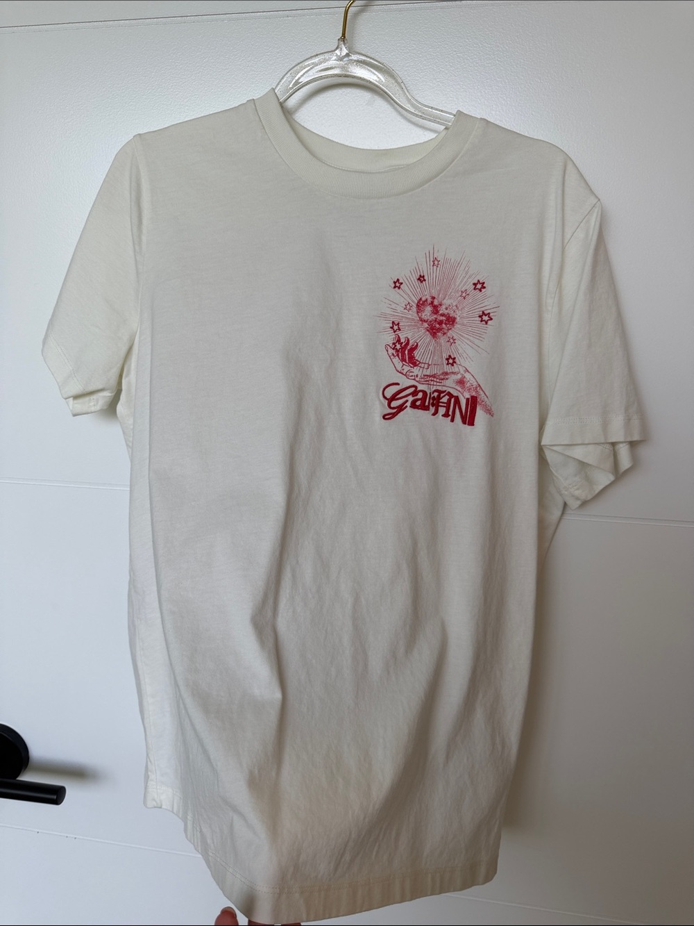 Ganni Cream Short-Sleeve Tee with Red Chest Graphic